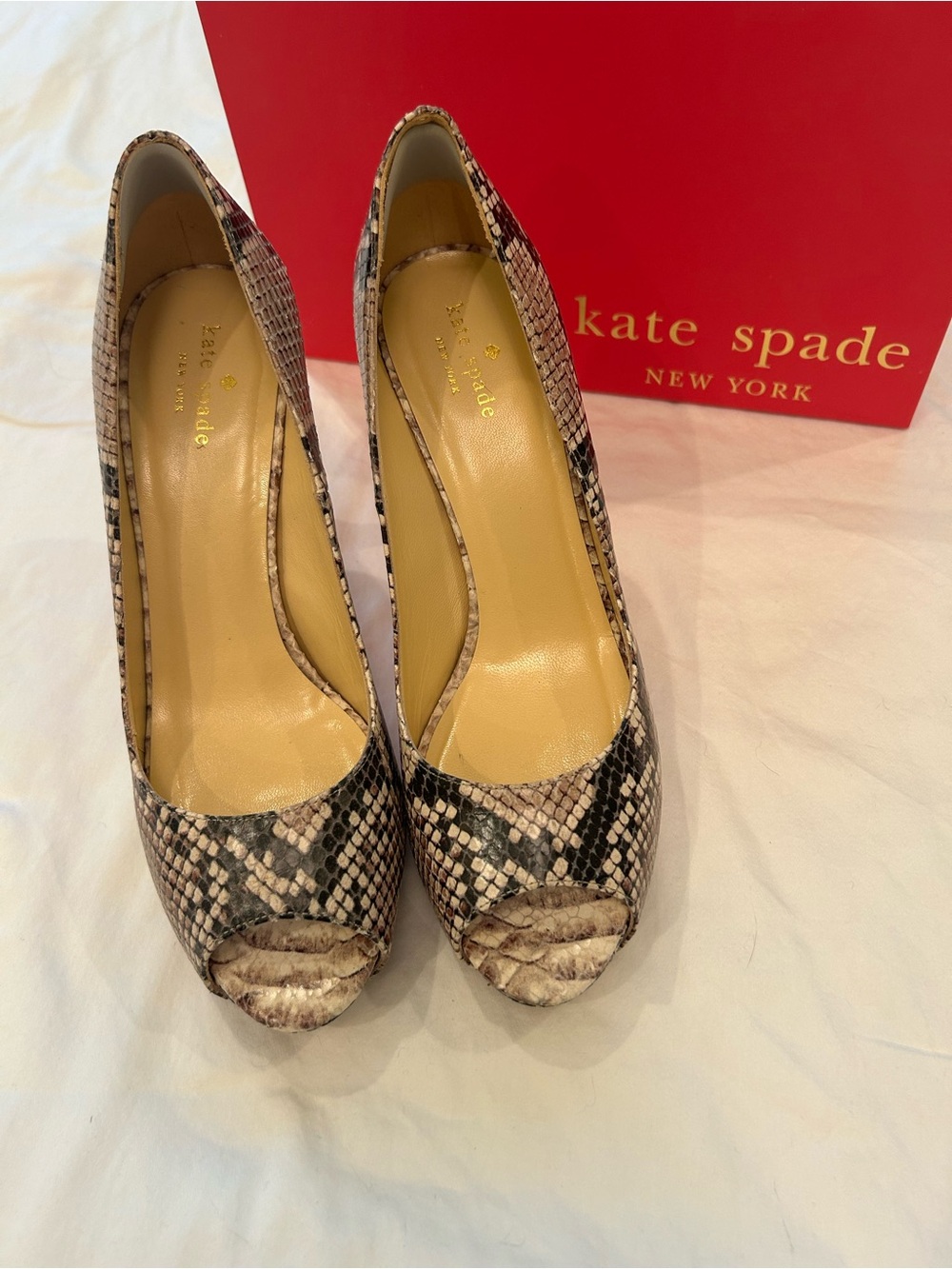 Kate Spade Gwen Snake-Print Peep-Toe Heels in Beige and Black